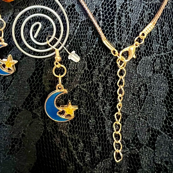 Blue Celestial Starry Crescent Moon Necklace and Earrings Set - Picture 5 of 9